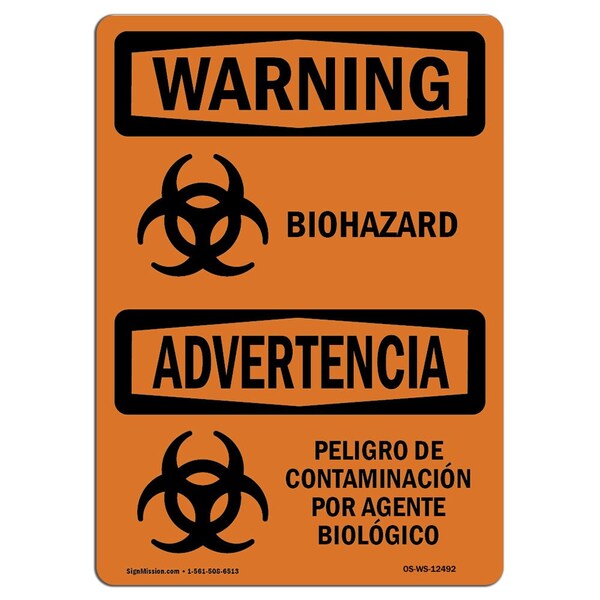 Safety Sign, OSHA WARNING, 18" Height, 24" Width, Biohazard Bilingual, Landscape, WS-D-1824-L-12492